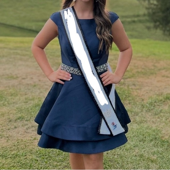 Jovani Navy Beaded-Waist Fit-and-Flare Modest Cocktail, Appearance Dress Size 2 - Picture 2 of 2